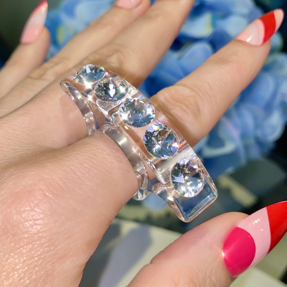 Clear Acrylic statement ring embellished with genuine crystals, cocktail ring - Picture 3 of 12